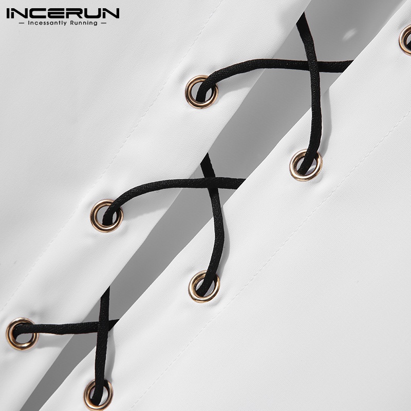 Áo sơ mi INCERUN tay dài màu trắng cổ chữ V thời trang dành cho nam