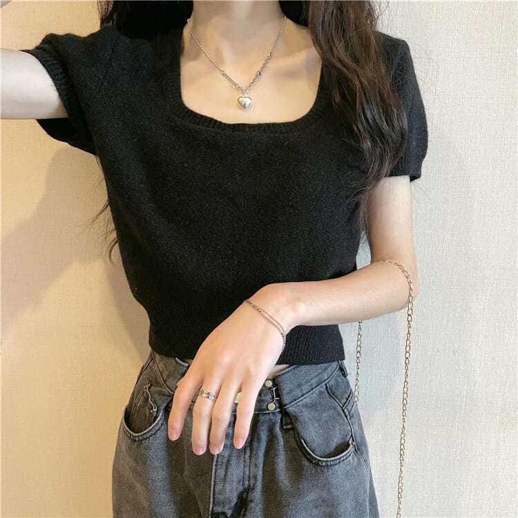 Áo len BH tay ngắn cổ vuông thiết kế thời trang cao cấp cho nữ