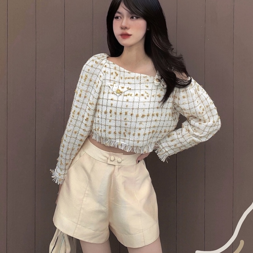 THE FANCE | Áo croptop tweed lưới thoáng lệch vai MOCHI