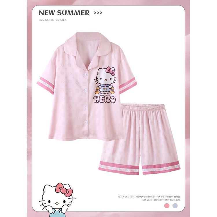 Bộ Đồ Ngủ Lụa Ngắn Tay Họa Tiết Hello Kitty Xinh Xắn Theo Phong Cách Mùa Hè Dành Cho Mẹ Và Bé