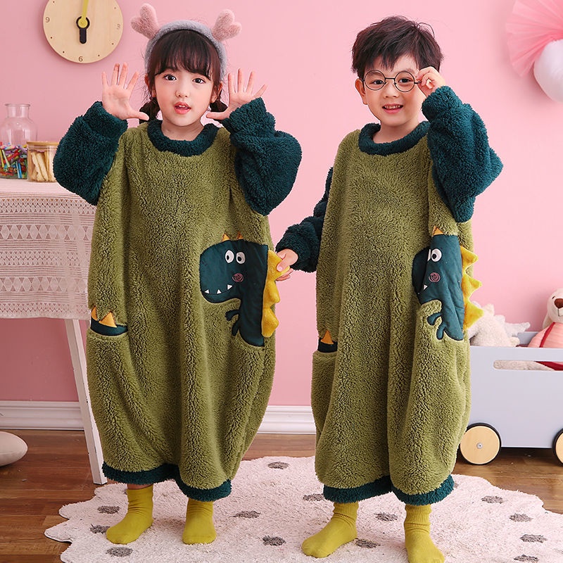 Bộ Đồ Ngủ Liền Thân Bằng Vải Lông Dày Dặn In Họa Tiết Hoạt Hình Chống Đá Kích Thước Vừa Cho Trẻ Em