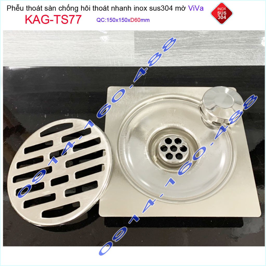 Phễu thoát sàn Viva KAG-TS77 15x15cm D60, phễu thoát sàn SUS304 đúc liền khối sales 40%, hố ga chống hôi inox 304 dày