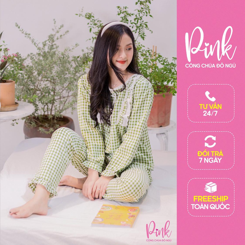 Bộ Ngủ Nữ Pijama Dài Tay Xanh Lục Caro Chất Vải Kate Ấm Siêu Mềm Mịn Đồ Nữ Mùa Đông Thời Trang Hàn Quốc Nữ Tính