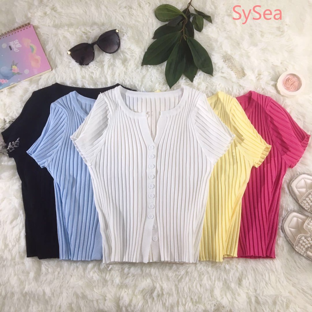 Áo croptop dệt kim tay ngắn màu sắc đơn giản thời trang mùa hè dành cho nữ