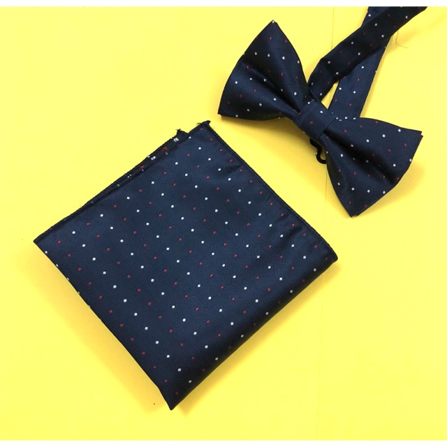 Combo Khăn cài áo vest và nơ đeo cổ màu xanh đen