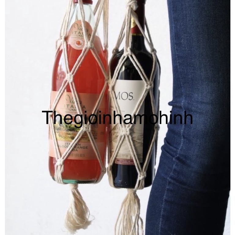 Giỏ treo macrame dùng treo chai rượu, bình nước, đựng hoa quả trang trí quán cà phê,decor không gian sống