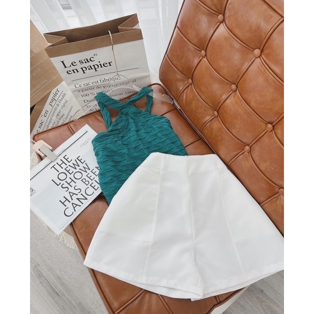 SET ÁO YẾM XỐP XANH + QUẦN SHORT TRẮNG
