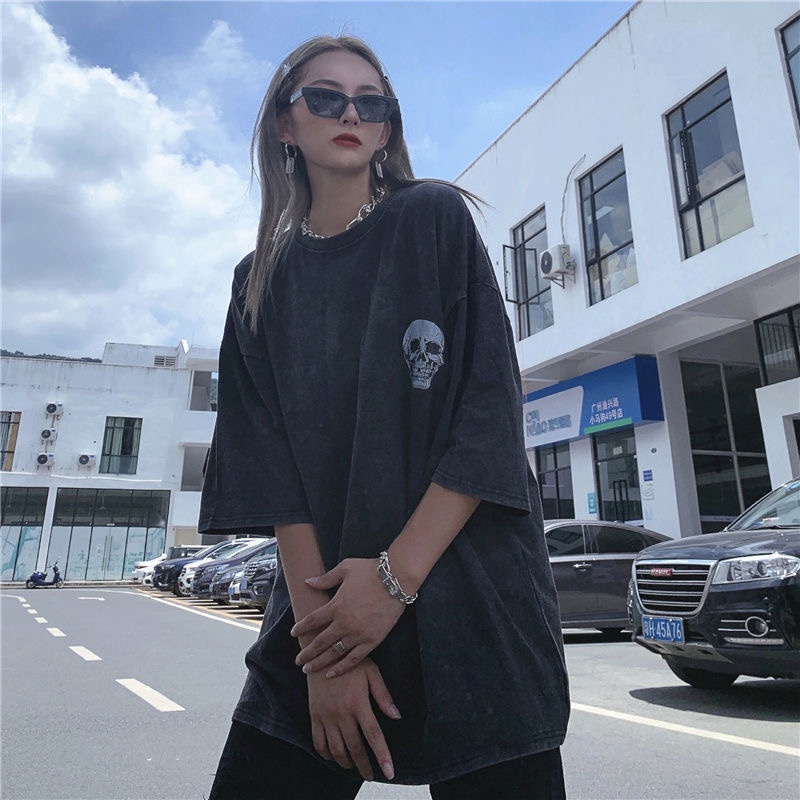 Áo Thun In Hình Đầu Lâu Phong Cách Harajuku Cổ Điển Thời Trang Mùa Hè Unisex Y2k Grunge