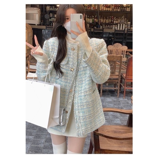 Áo Khoác Dạ Tweed Dáng Dài Xanh Ngọc Cúc Vàng