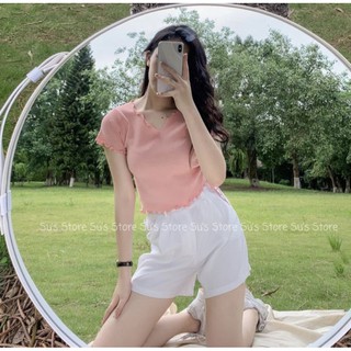 Áo croptop cổ xẻ rút dây eo