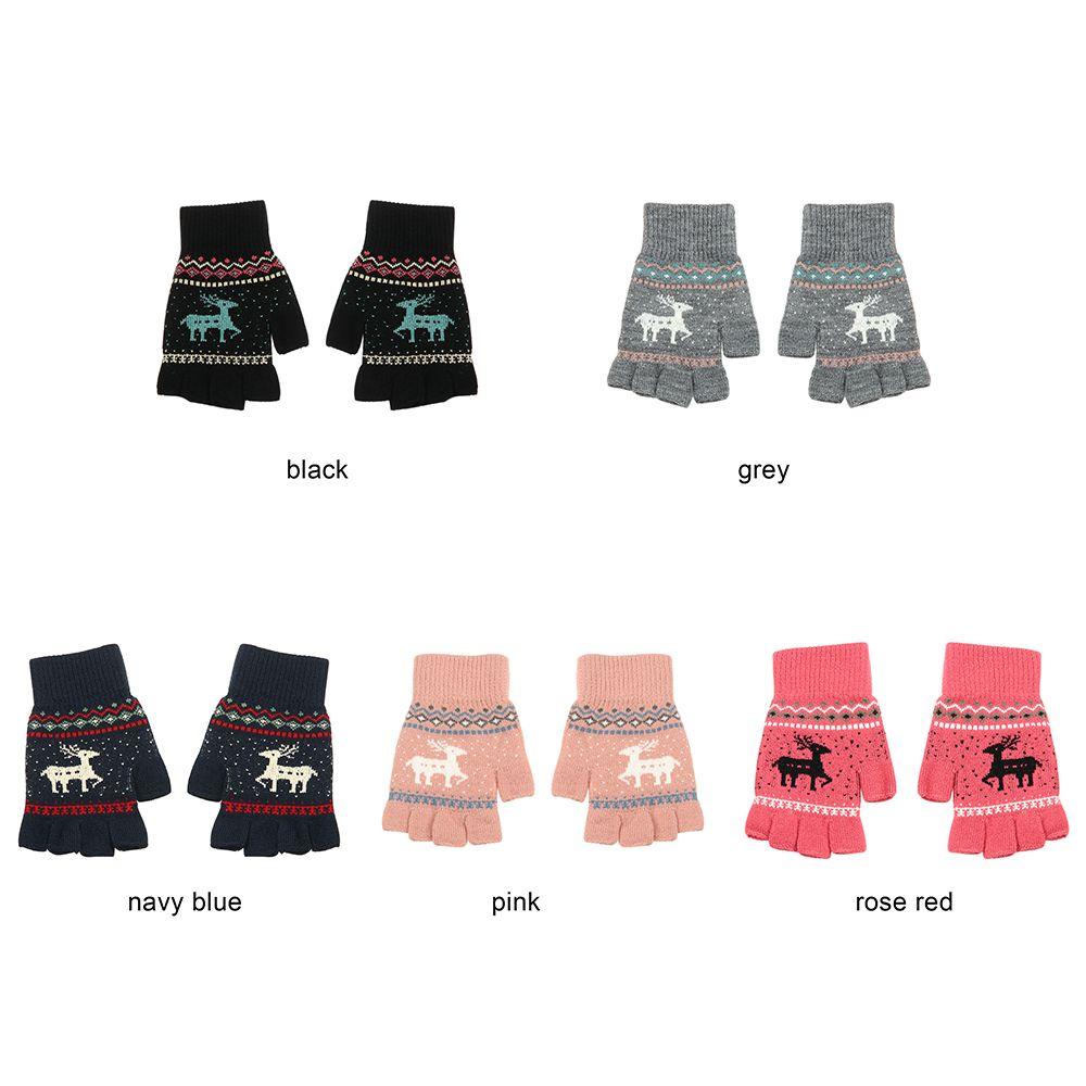 1 Đôi Găng Tay Len Cashmere Hở Ngón Họa Tiết Hươu Hoạt Hình