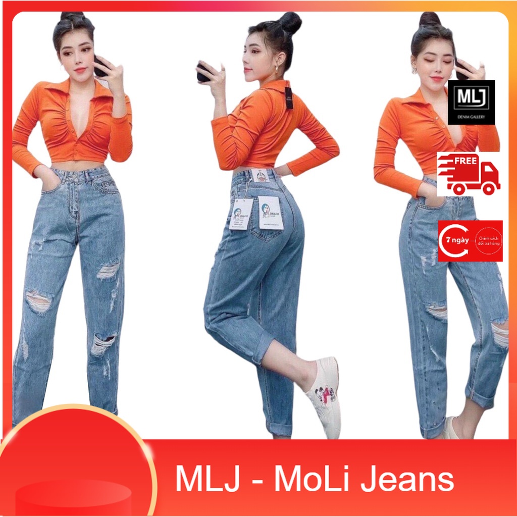 Quần jean dài phom Baggy/boyfriend lưng cao, co dãn mạnh, màu xanh đá Rách kiểu bụi bặm 4089 MLJ