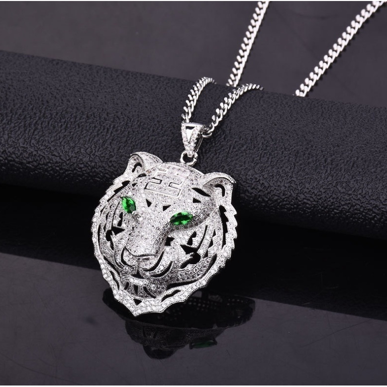 Vòng cổ mặt hình con hổ chất liệu đồng 100% đính đá zircon phong cách hip hop dành cho nam