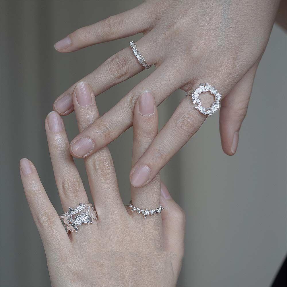 Nhẫn Bạc Thiếc QQMALL|Nhẫn Thiết Kế Bất Đối Xứng Sáng Tạo Lãng Mạn Phong Cách Hàn Quốc