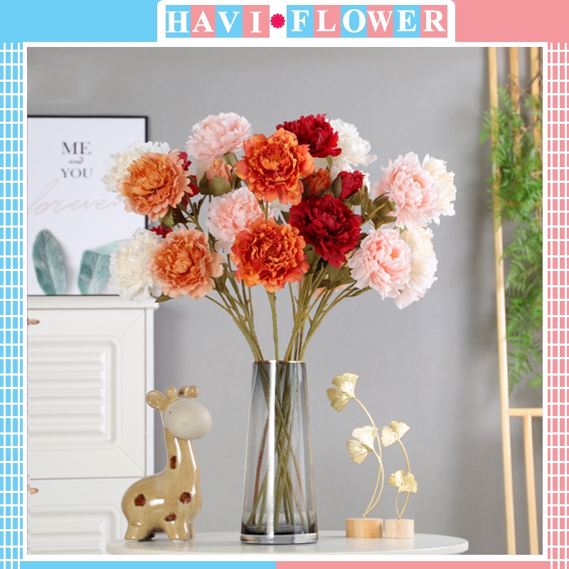 Hoa Giả - Hoa Mẫu Đơn Havi 70Cm Cành 2 Bông To 1 Nụ Nhỏ Trang Trí Đẹp, Giống Thật