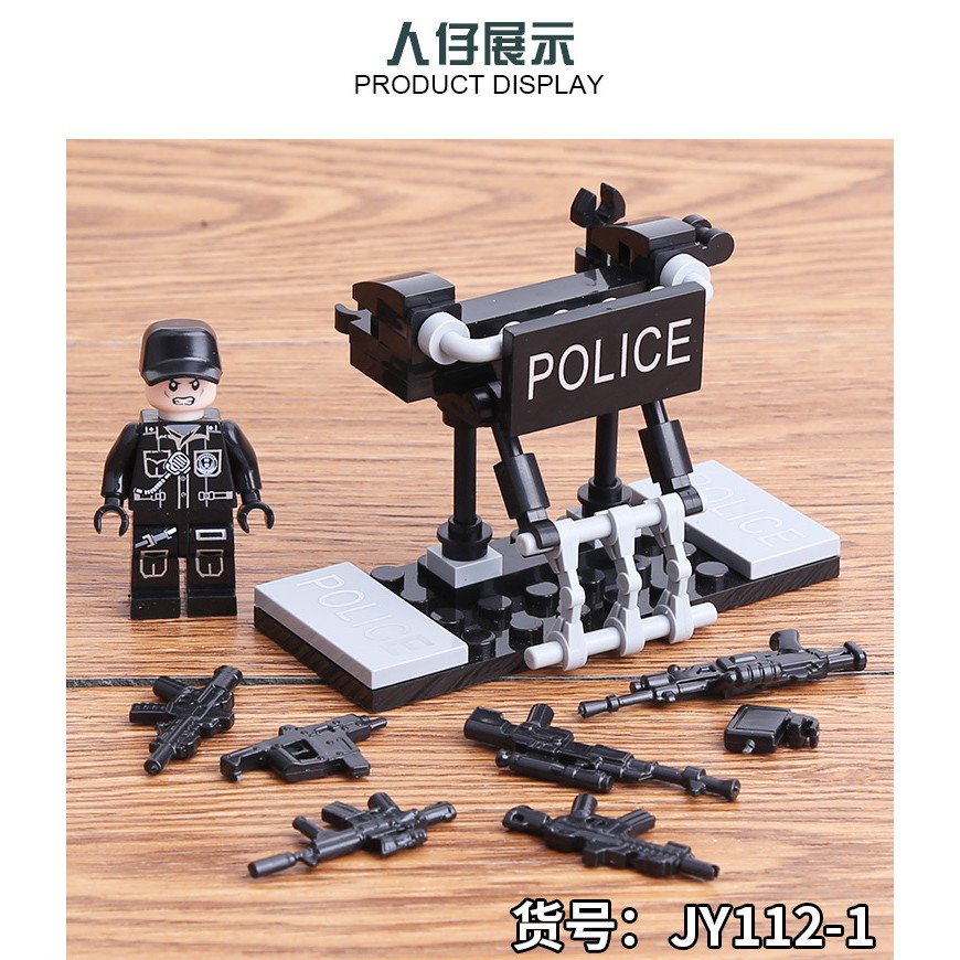 Đồ chơi lắp ráp xếp hình logo Army Swat xếp hình Xe Jeep cùng 8 nhân vật police và phụ kiện như hình JY112