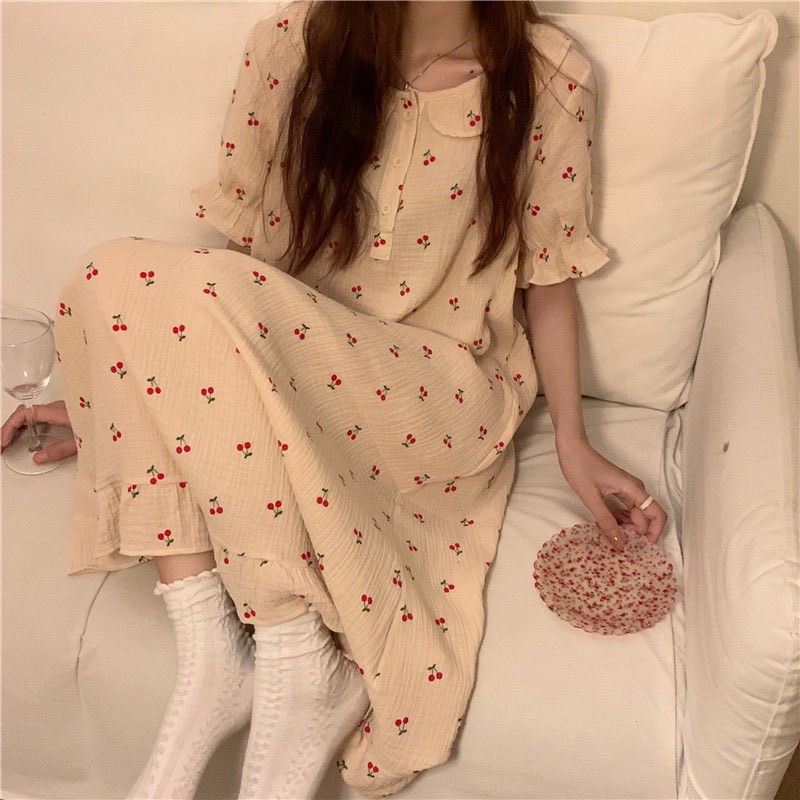 Váy ngủ - đầm dài qua gối vải xô muslin cao cấp mềm mại, tay ngắn phồng đáng yêu, họa tiết xinh xắn