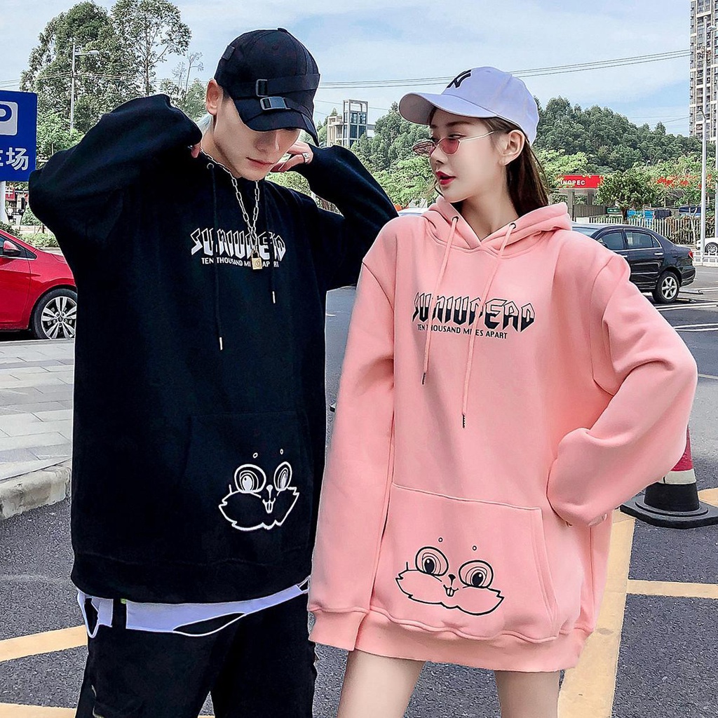 Áo hoodie dáng rộng có tai thỏ dễ thương cho nam và nữ