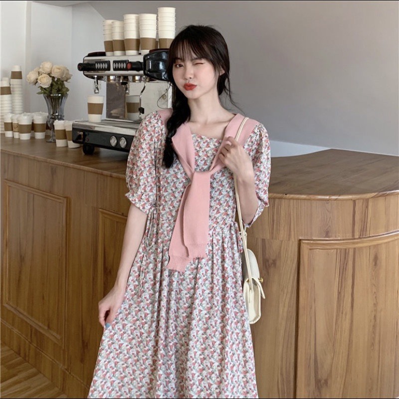 Váy hoa nhí thắt nơ sườn không kèm khăn Ulzzang style 🌸 Hàng Quảng Châu