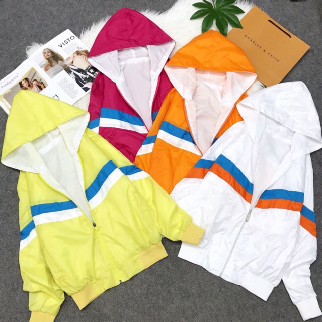 Áo khoác dù hai lớp phối sọc bốn màu siêu xinh