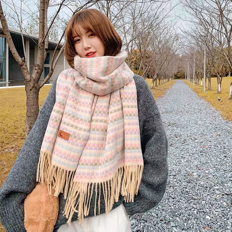 Khăn choàng cổ dày dặn in họa tiết caro dễ thương phong cách Hàn Quốc cho nữ