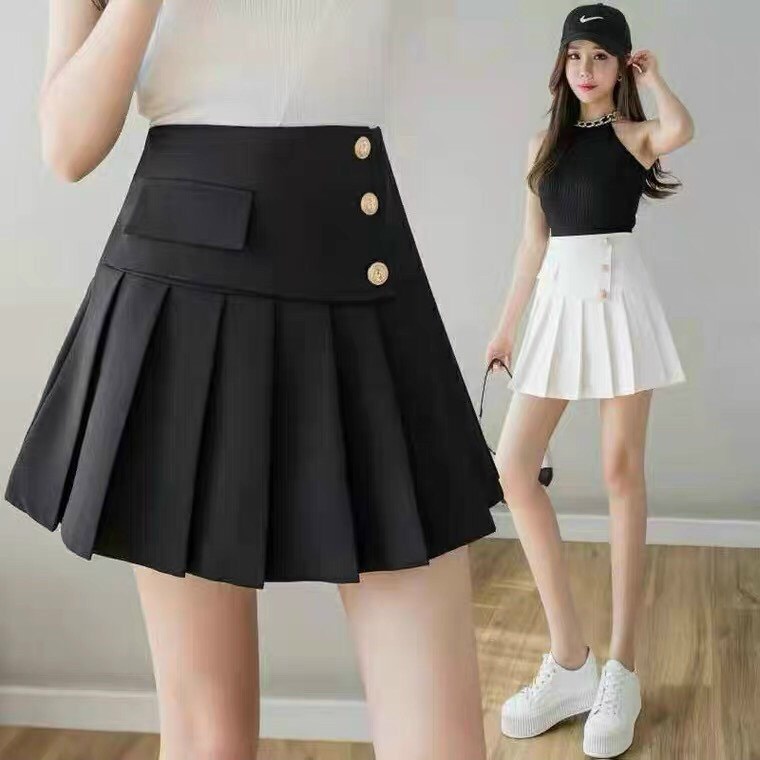 Châv váy xếp ly lưng cao phối cúc xòe