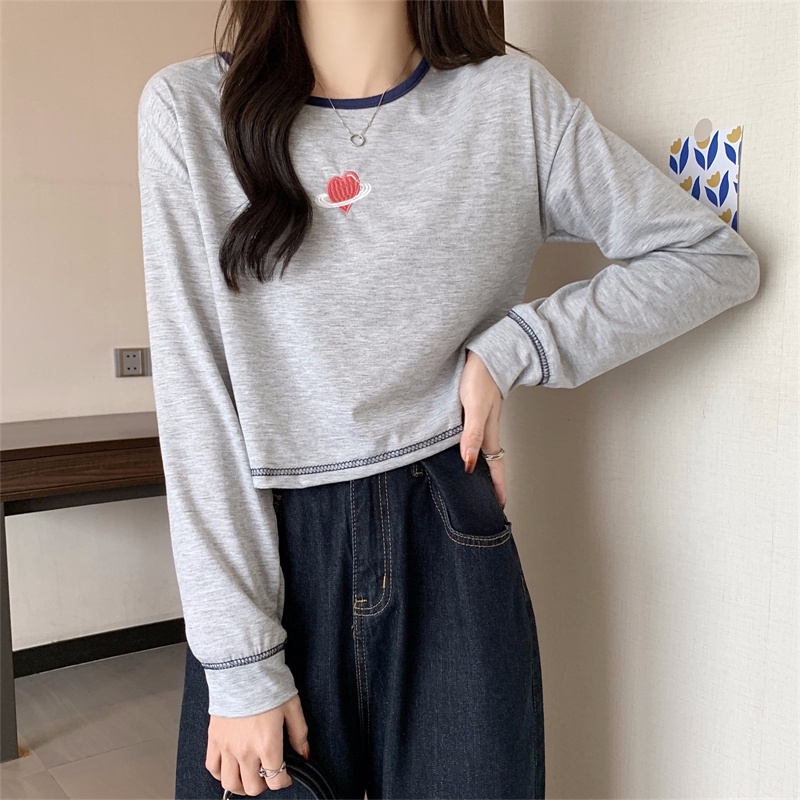 【ZHELIHANGFEI】Áo Thun Tay Dài Lưng Cao Họa Tiết Thêu Theo Phong Cách Preppy