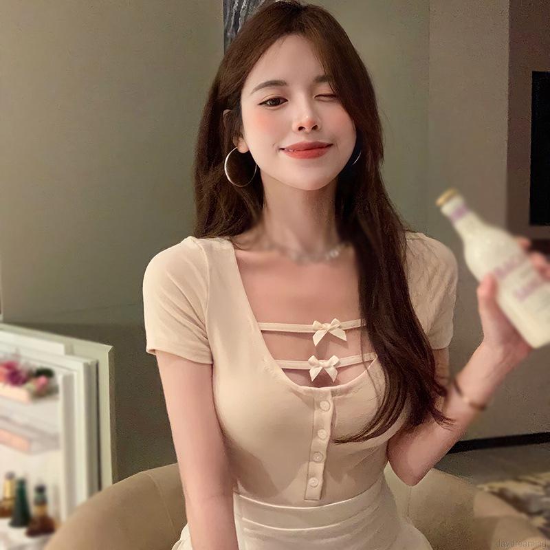 Áo Thun Ngắn Tay Phối Nơ Xinh Xắn Cho Nữ