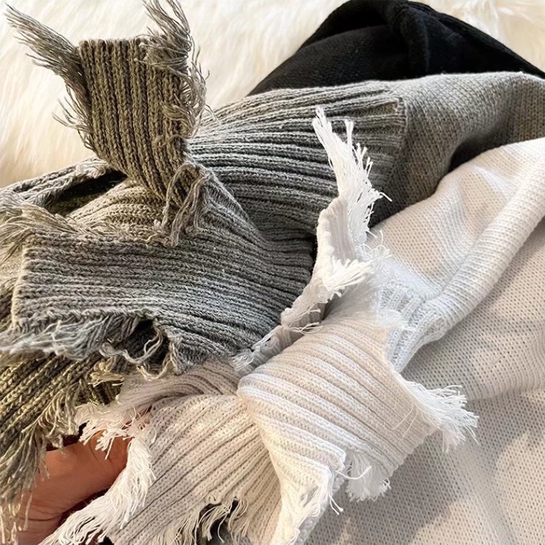 Áo sweater Dệt Kim Tay Dài Dáng Rộng Cổ Tròn Rách Gối Phong Cách Hàn Quốc Thời Trang Cho Nam Và Nữ