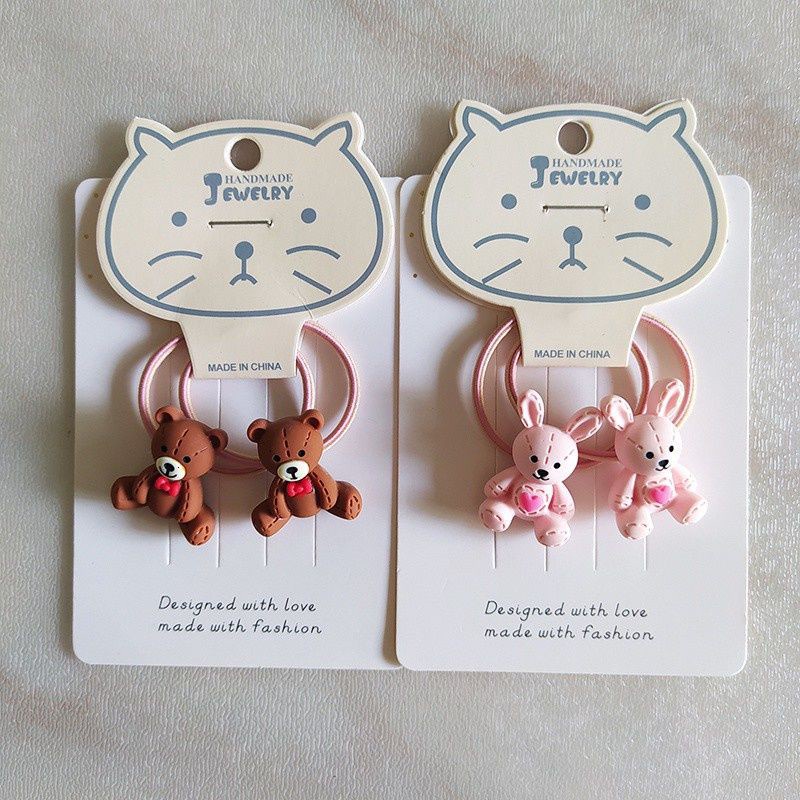 Set 2 Dây Cột Tóc Co Giãn Hình Thỏ / Gấu Hoạt Hình Dễ Thương Cho Bé Gái