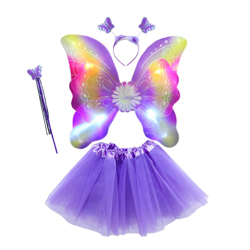 Set trang phục gắn đèn LED gồm váy tutu đôi cánh bướm đũa phép băng đô phong cách công chúa cho bé gái dùng biểu diễn
