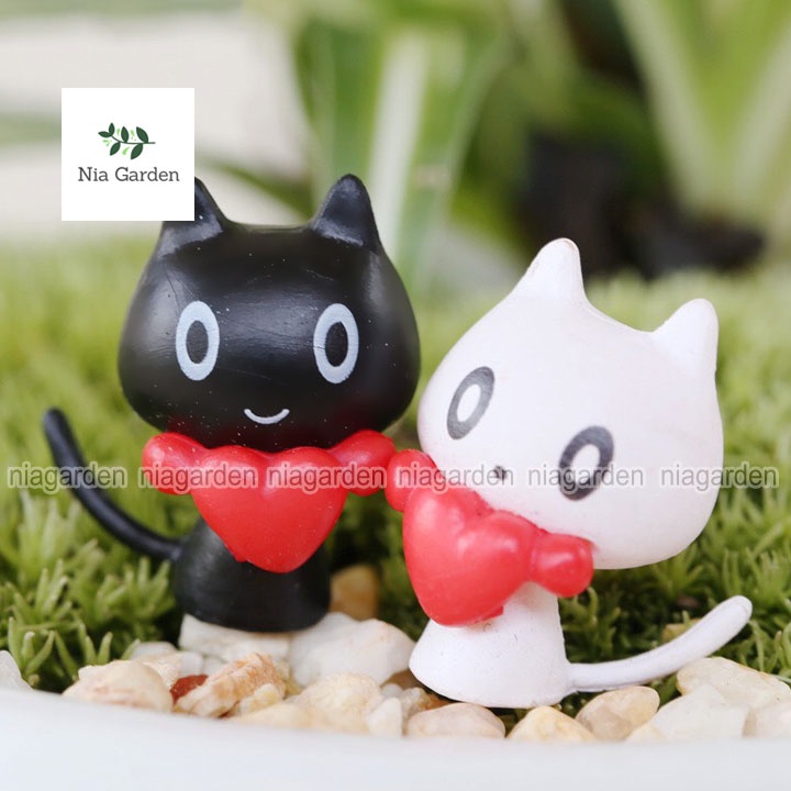 Tiểu cảnh mèo đen trắng tượng mini trang trí vườn chậu cây terarium hồ cá Nia Garden N5