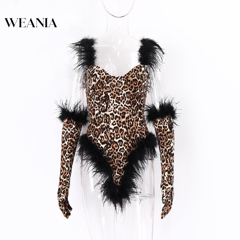 Bộ Áo Liền Quần Hai Dây Họa Tiết Da Báo Quyến Rũ Kèm Găng Tay Dành Cho Nữ