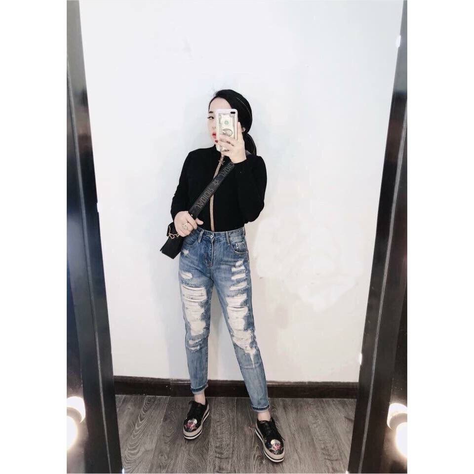 Quần Jeans Nữ Phối Rách Cao Cấp OHS3049