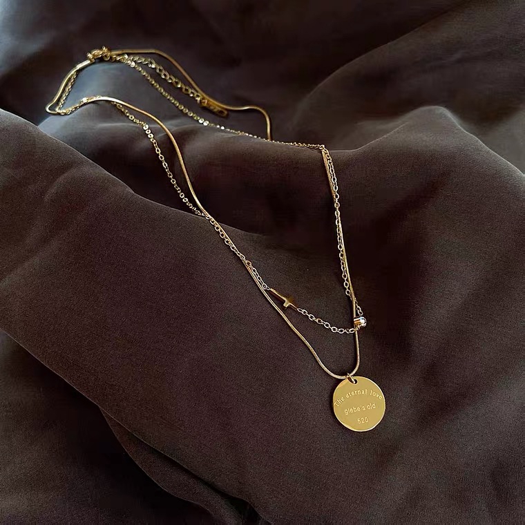 Dây Chuyền Hai Lớp Bằng Thép Titan Mạ Vàng 18K Hai Lớp Sang Trọng Phong Cách Hàn Quốc