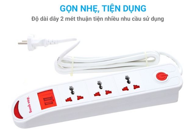 Ổ cắm điện quang 3 lổ 3 chấu 2 cổng USB tiện dụng