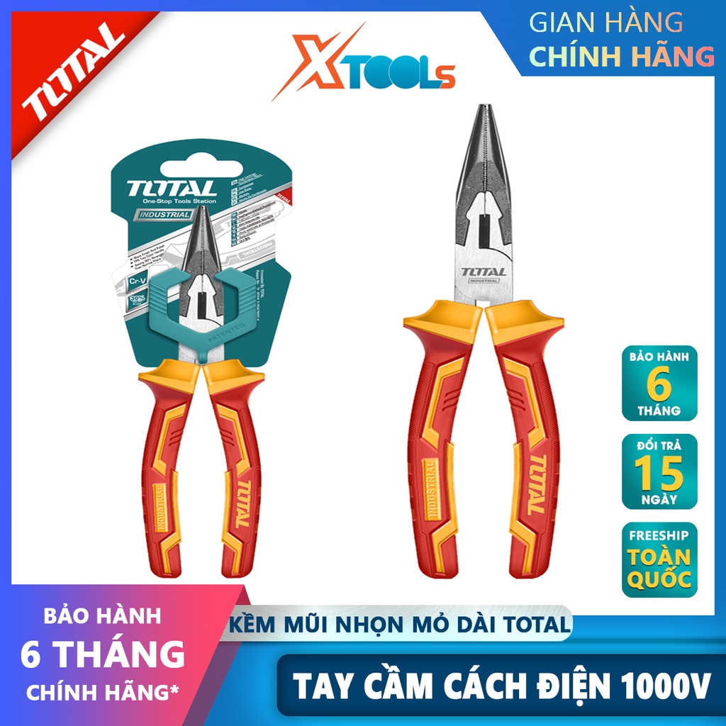 Kìm mũi nhọn mỏ dài cách điện TOTAL THTIP2361 | Kềm cách điện Kích thước 6&quot;/ 160mm, Đầu kềm được mạ đen và đánh bóng, Ta