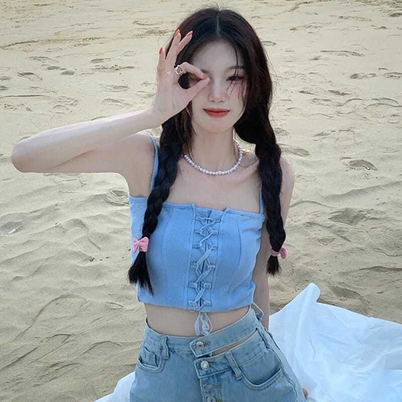 Jiashucheng Áo Hai Dây Dáng Ngắn Cột Dây Thời Trang Mùa Hè 2022 Phong Cách Mới Cho Nữ
