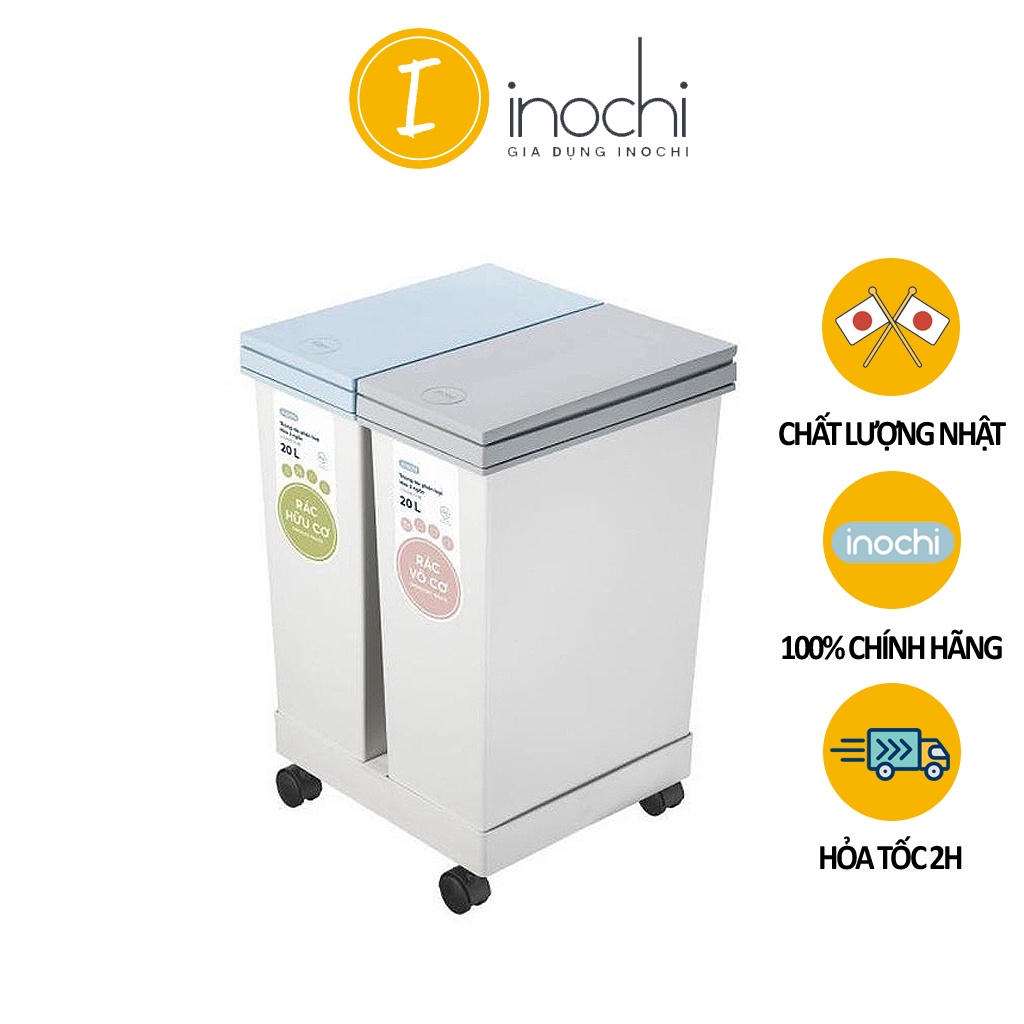 Thùng rác phân loại 2 ngăn 20L 4 bánh xe di động - thùng rác đa năng chính hãng Inochi