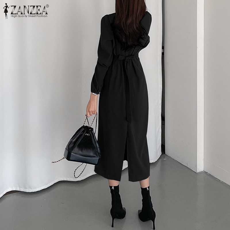 Đầm ZANZEA dáng dài cổ vuông tay dài phối dây buộc thời trang thường ngày cho nữ
