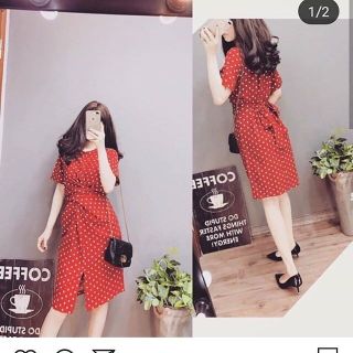 Đầm chấm bi đỏ xoắn eo bigsize
