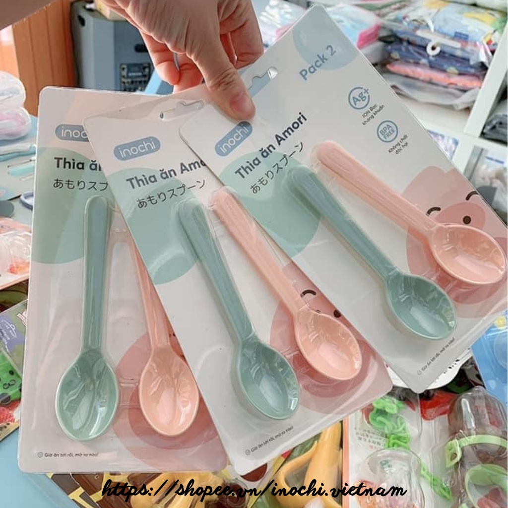 Set 2 thìa ăn dặm cao cấp Amori Inochi cho bé, thìa ăn dặm bằng nhựa kháng khuẩn cực an toàn cho bé