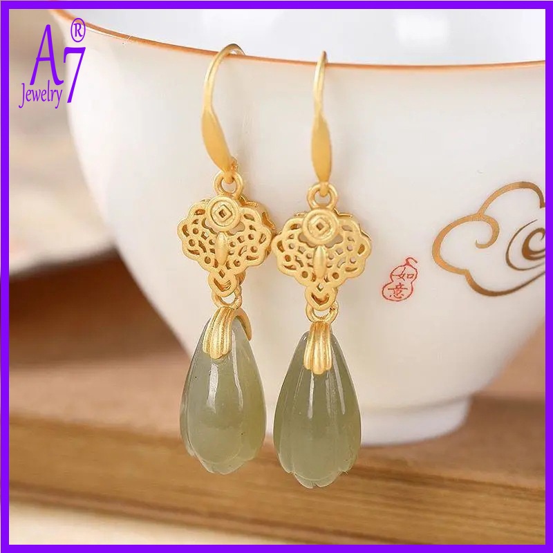 Bông Tai Bạc S925 Đính Ngọc Bích Kiểu Vintage Dễ Thương Cho Nữ