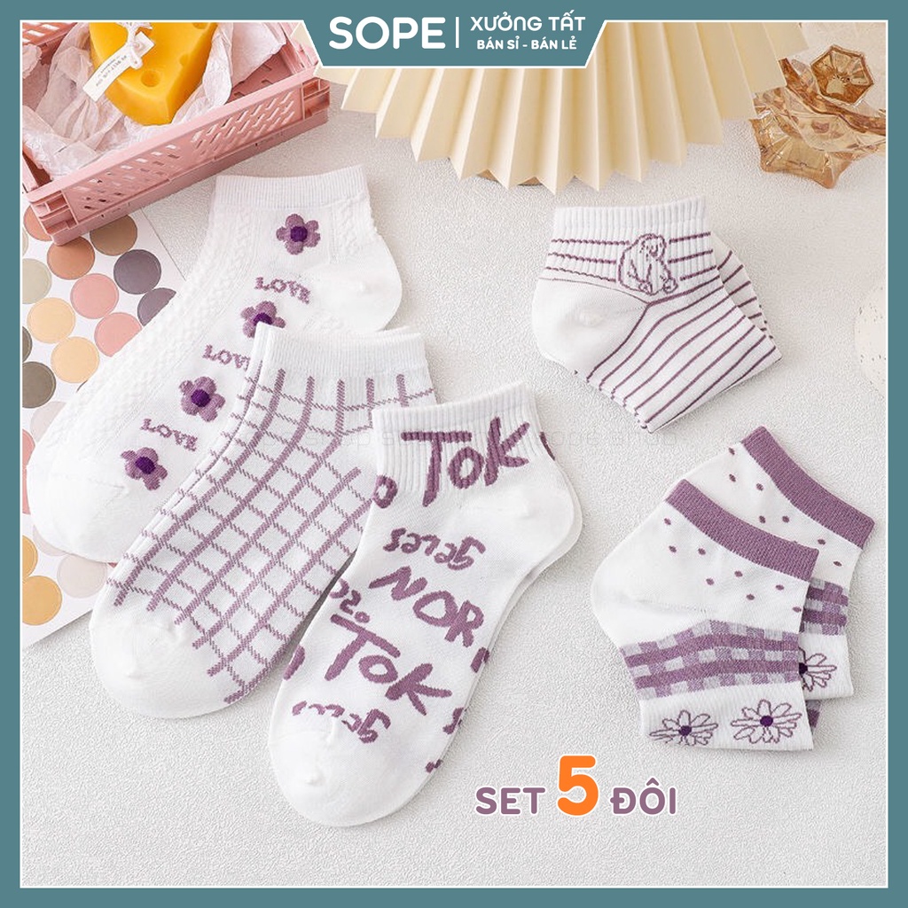 Tất vớ nữ cổ ngắn phong cách Hàn Quốc cực xinh, Set 5 đôi tất vớ chất liệu cotton - Sope Shop