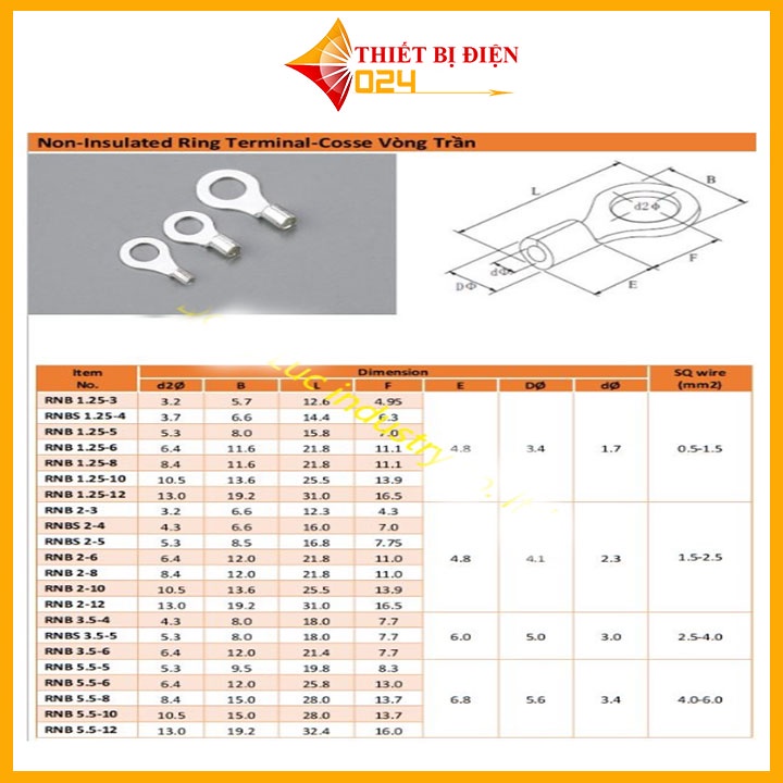 100 Cái Đầu cos dây điện tròn trần RNB 8-6, đầu cốt bấm dây điện 6-8mm, cosse  đồng, đầu nối điện