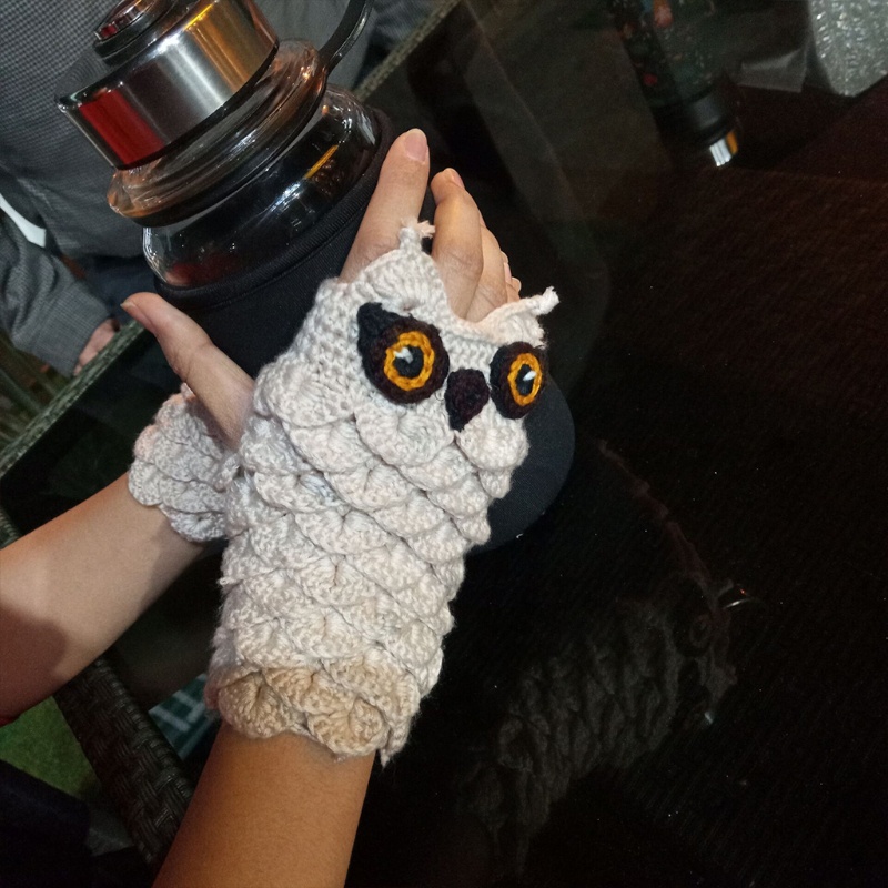 Găng Tay Len Dệt Kim Hở Ngón Họa Tiết Cú Hoạt Hình Giữ Ấm Mùa Đông