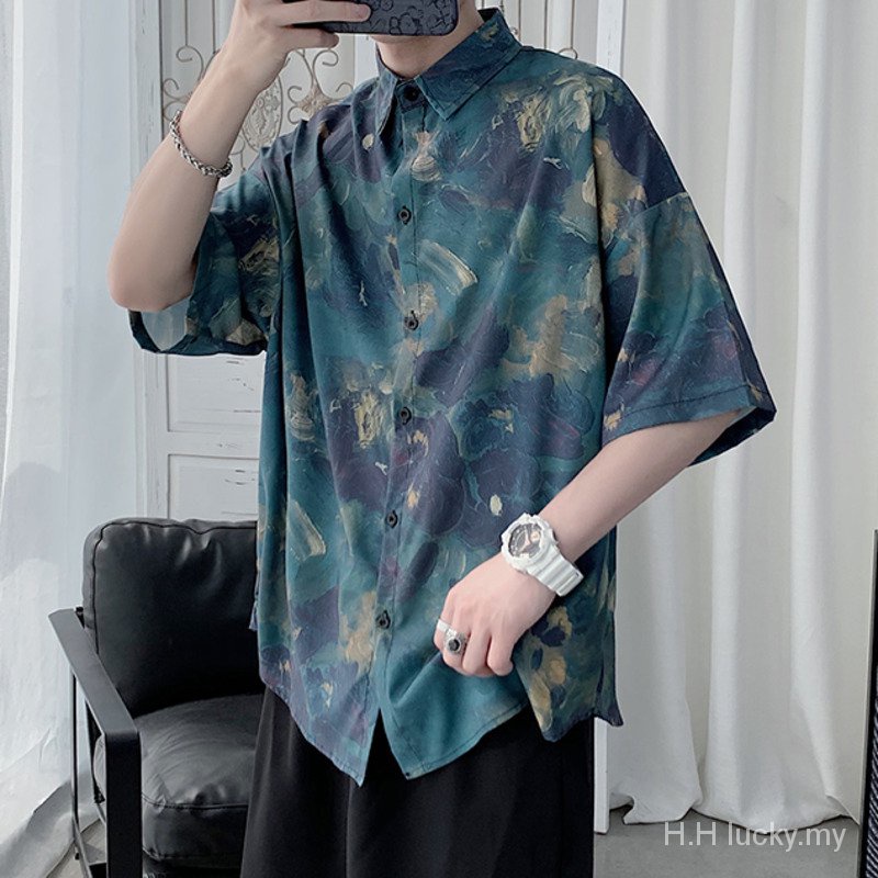 ☆Màu cam☆ Áo sơ mi tay ngắn dáng rộng vải lụa lạnh in hoa kiểu Vintage thời trang mùa hè cho nam