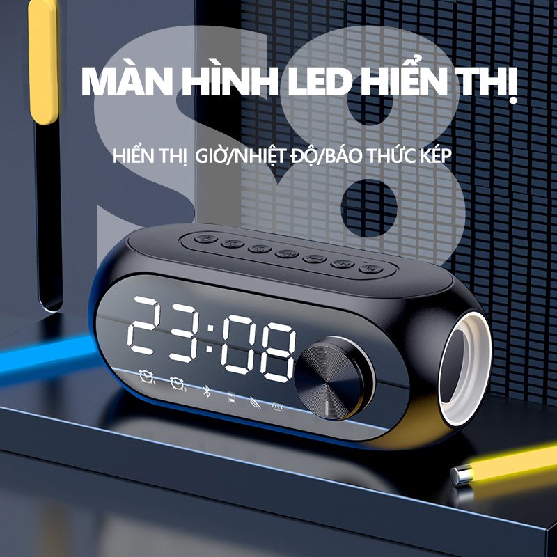 Loa bluetooth không dây mini S8, đồng hồ để bàn decor báo thức làm đèn ngủ đo nhiệt độ phòng