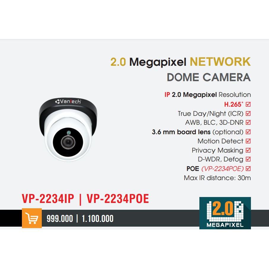 Camera IP hồng ngoại 2.0 Megapixel VANTECH VP-2234IP / VP-2234POE