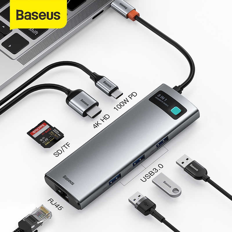 HUB chuyển đổi Baseus 8in1 USB-C To 4K HDMI,PD Charging Port,3 USB 3.0,SD/TF